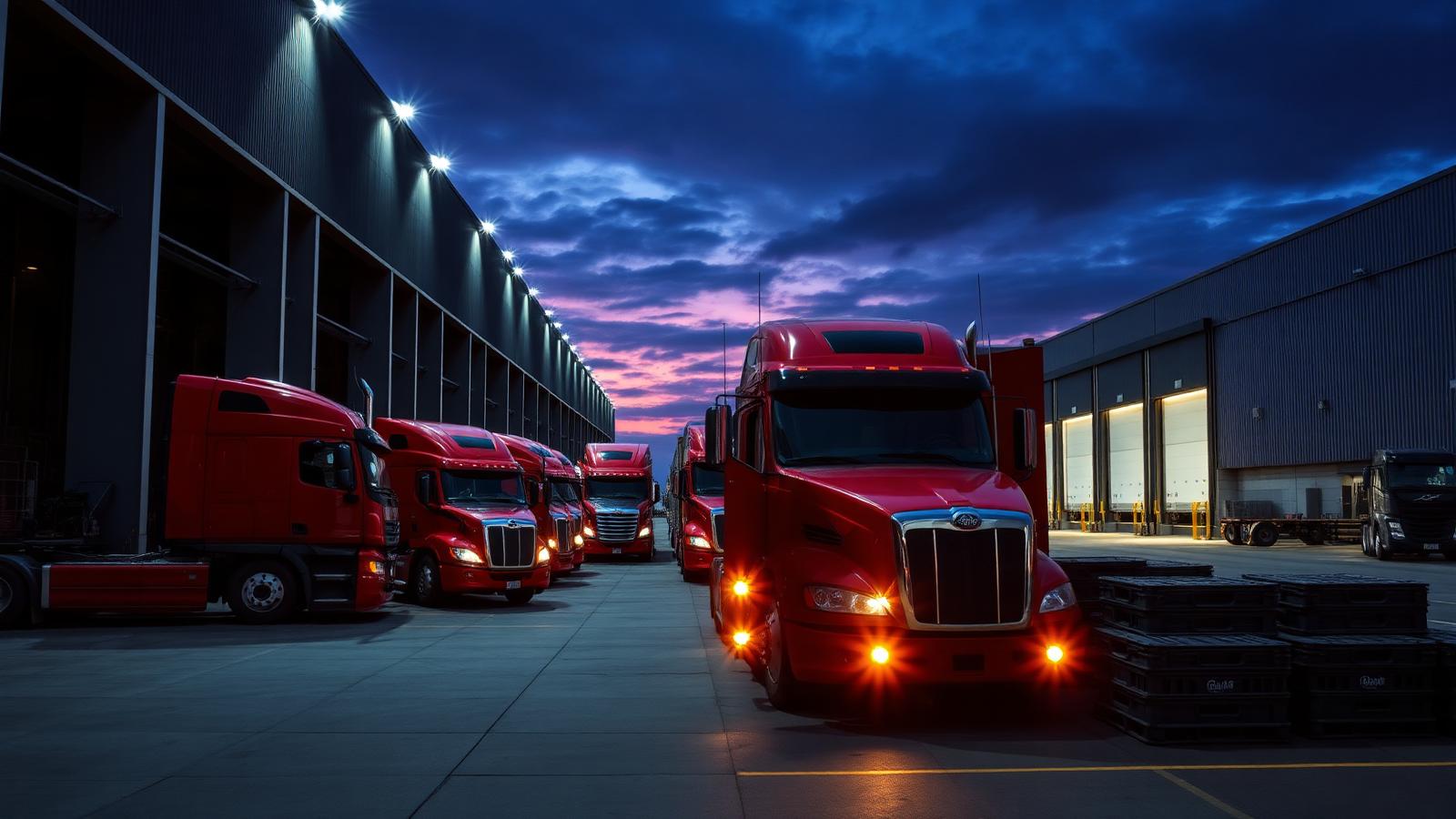 Fleet of freight trucks at warehouse loading dock